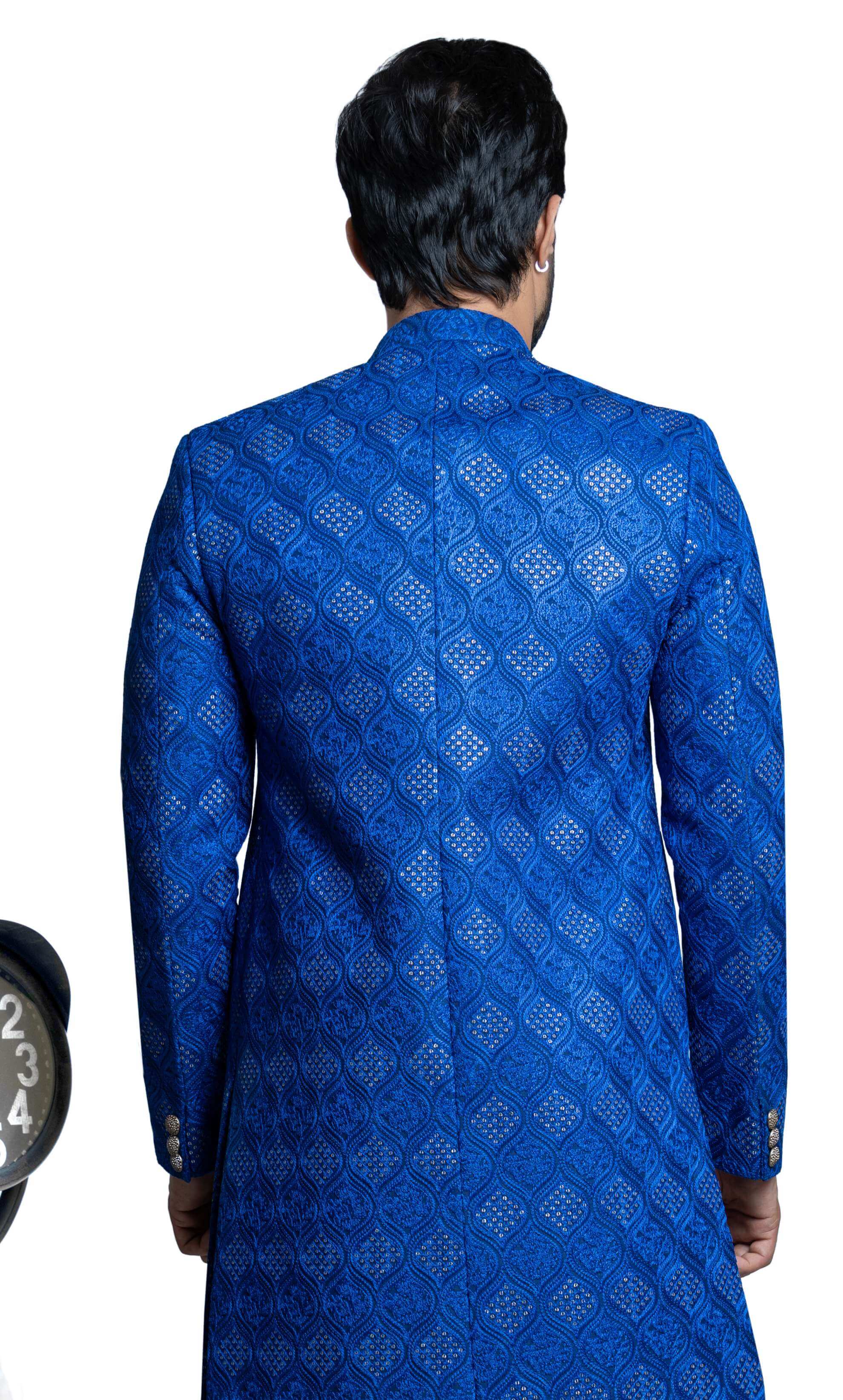Royal Blue Zari Resham Silk-Blend Short Sherwani (3-Piece) - Image 4