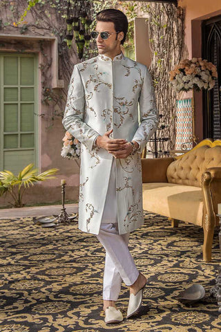 Ice Blue Embroidered Pure Silk Sherwani (2-Piece) - Image 2