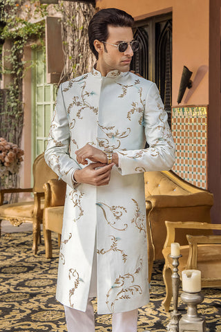 Ice Blue Embroidered Pure Silk Sherwani (2-Piece) - Image 4