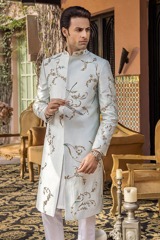 Ice Blue Embroidered Pure Silk Sherwani (2-Piece) - Image 5