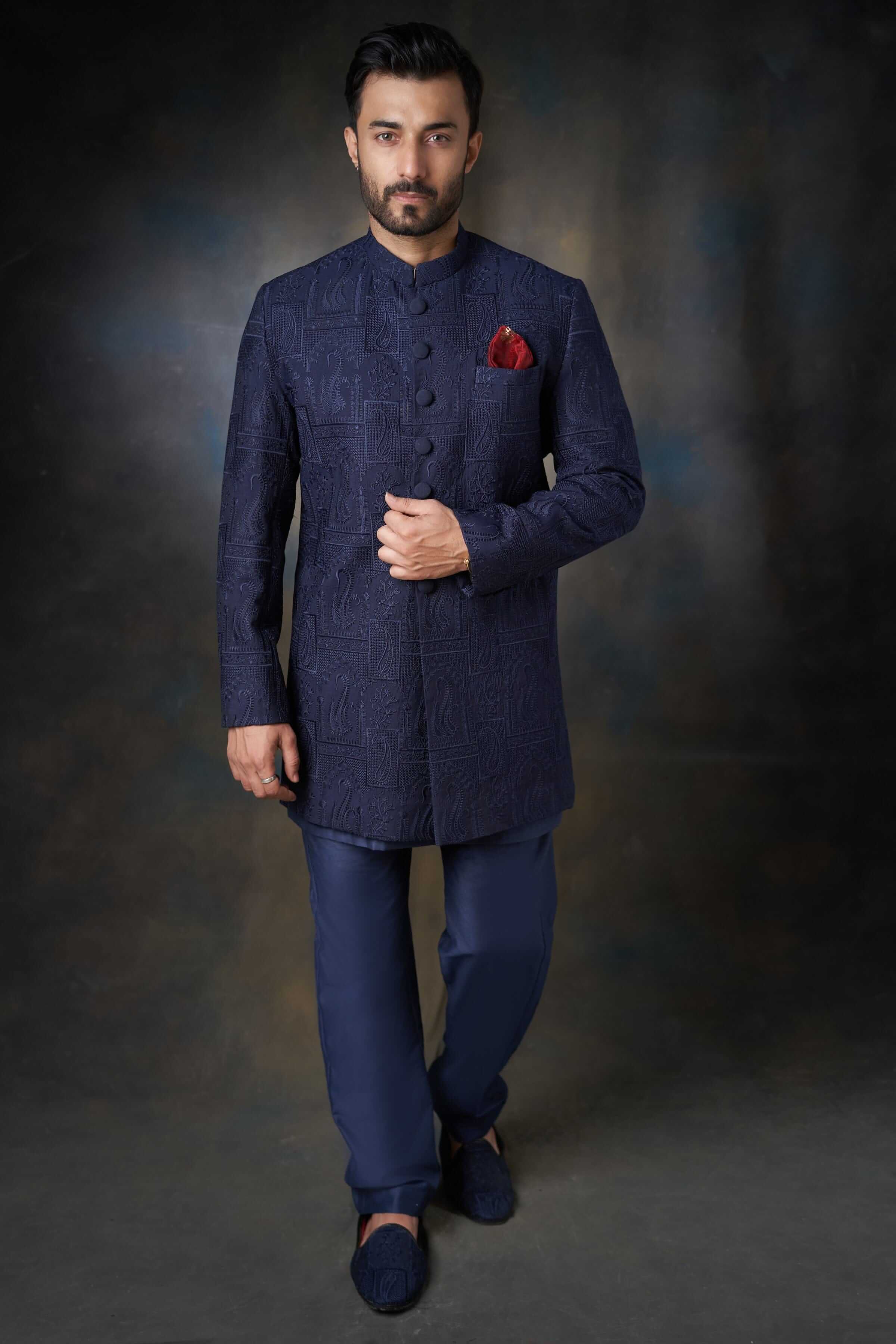 Midnight Blue Thread Embroidered Silk Sherwani (2-Piece) - Image 1