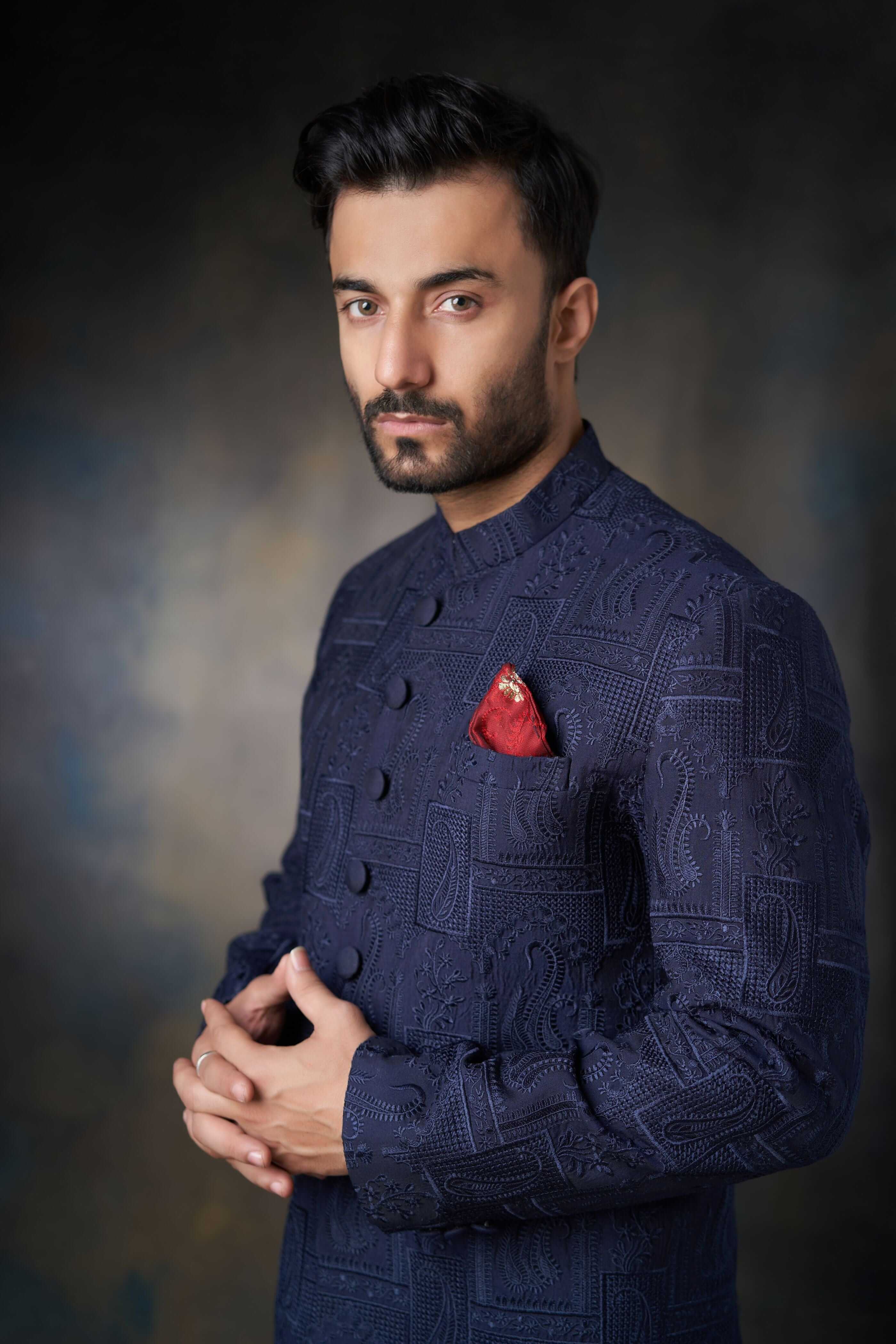 Midnight Blue Thread Embroidered Silk Sherwani (2-Piece) - Image 2