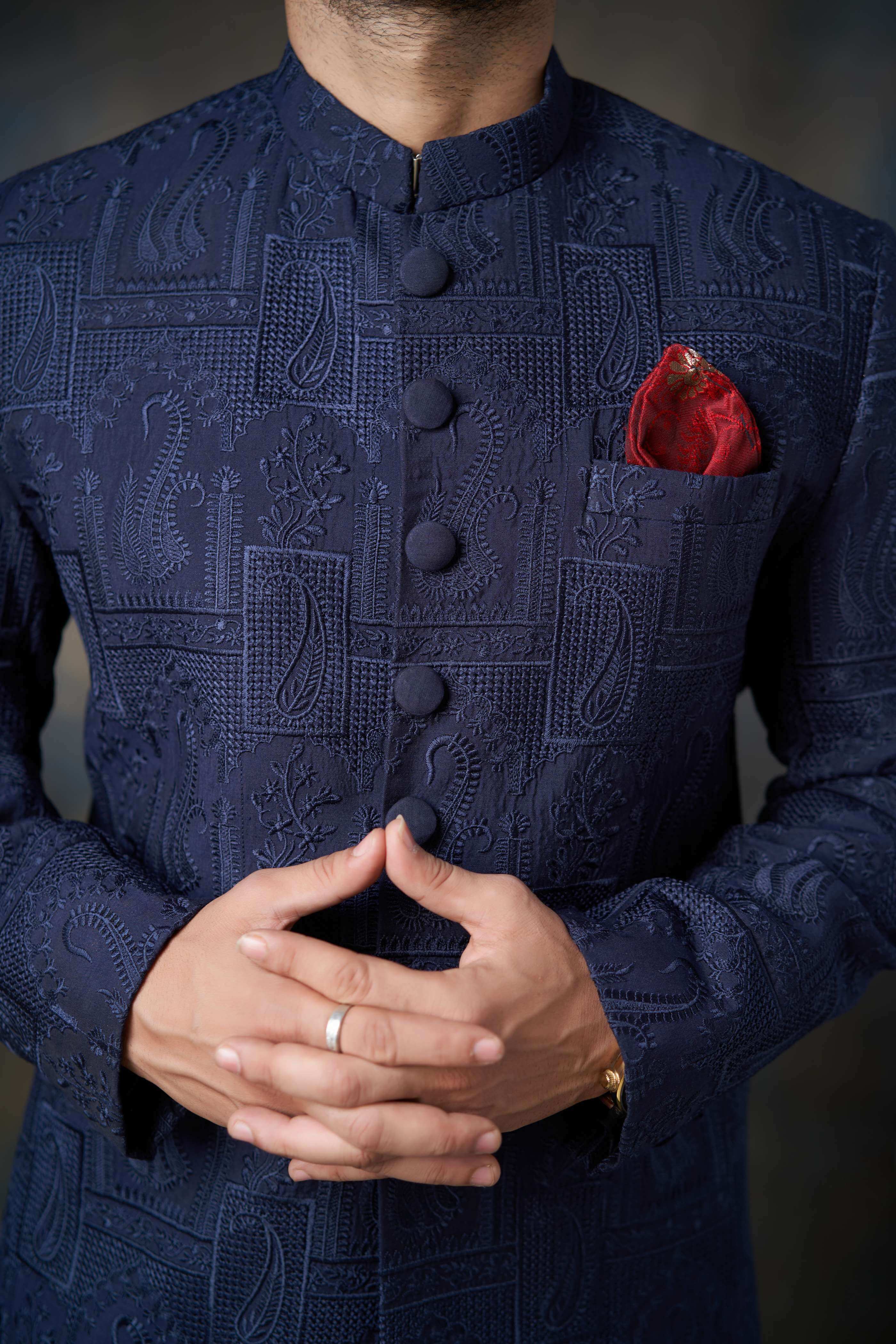 Midnight Blue Thread Embroidered Silk Sherwani (2-Piece) - Image 3