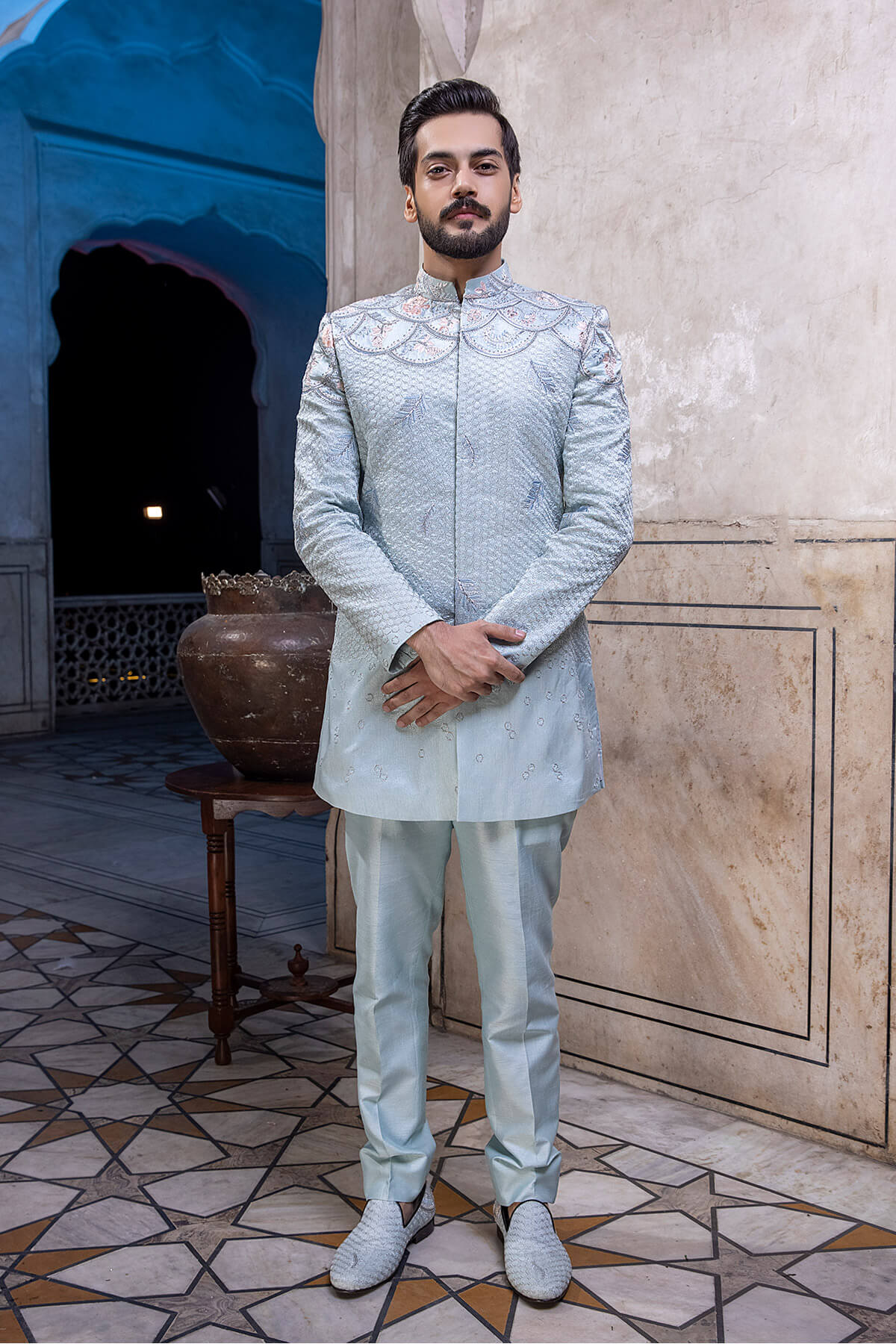 Powder Blue Embroidered Silk Sherwani (2-Piece) - Image 1