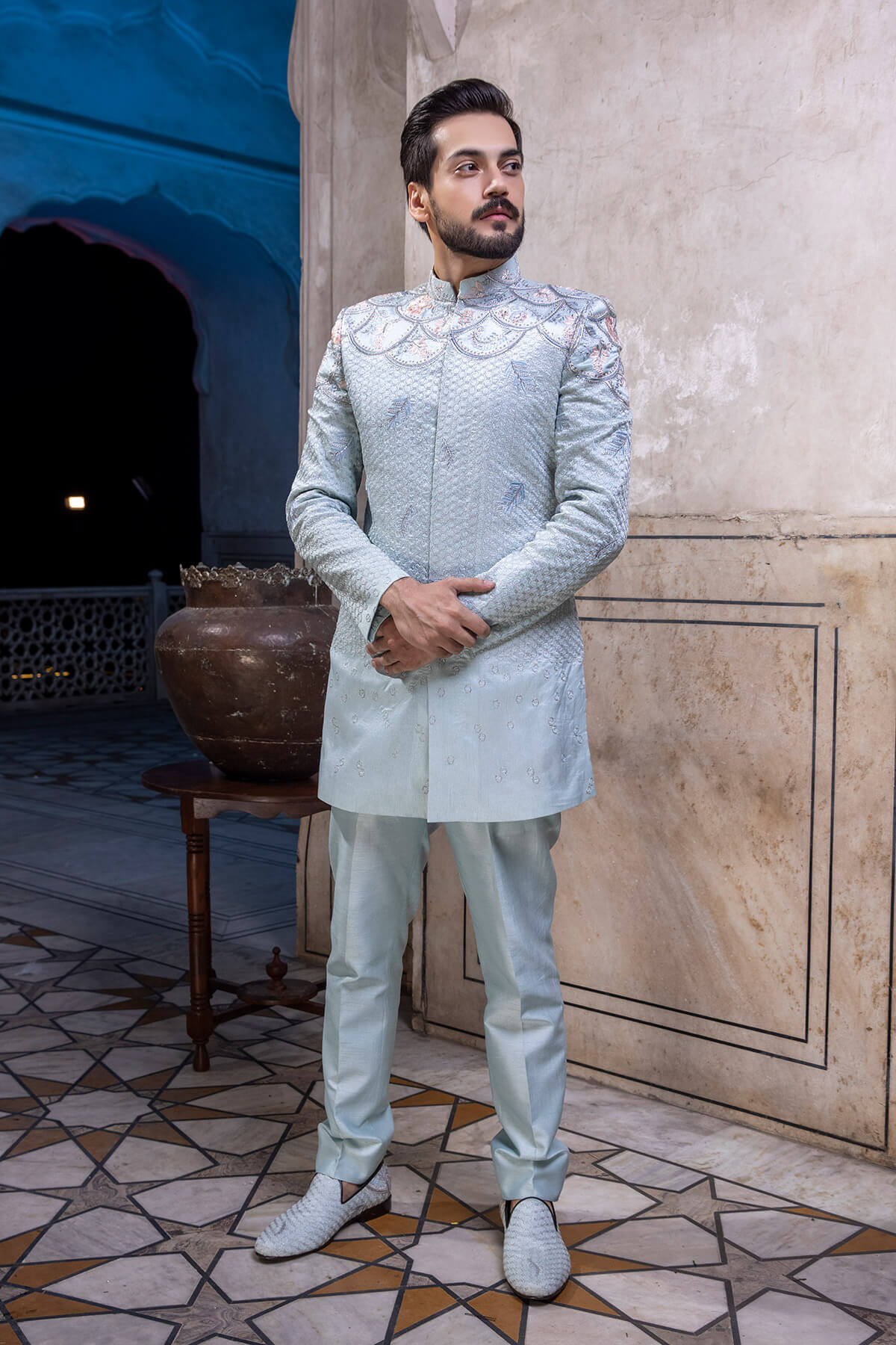 Powder Blue Embroidered Silk Sherwani (2-Piece) - Image 2