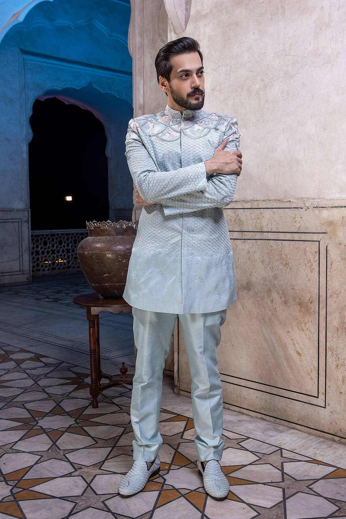 Powder Blue Embroidered Silk Sherwani (2-Piece) - Image 3