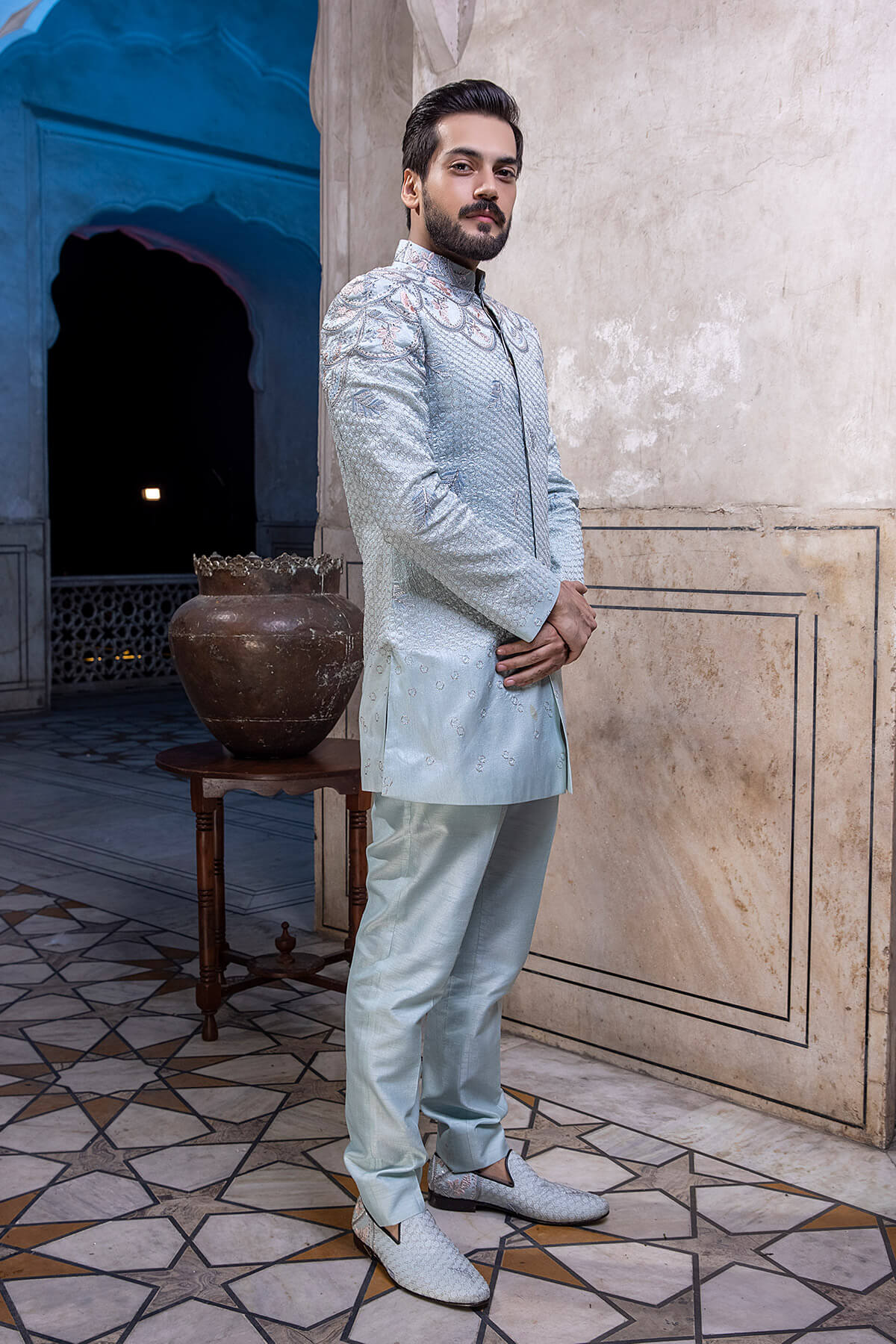 Powder Blue Embroidered Silk Sherwani (2-Piece) - Image 4