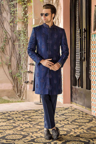 Sapphire Blue Zardozi Pure Silk Sherwani (2-Piece) - Image 2