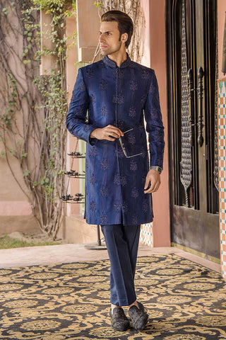 Sapphire Blue Zardozi Pure Silk Sherwani (2-Piece) - Image 3