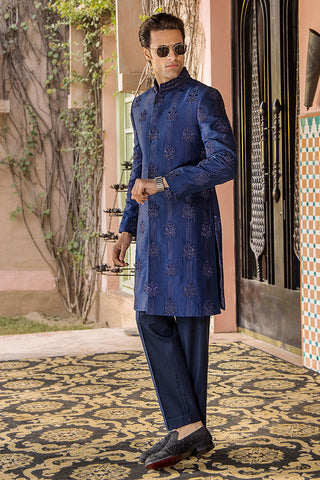 Sapphire Blue Zardozi Pure Silk Sherwani (2-Piece) - Image 4