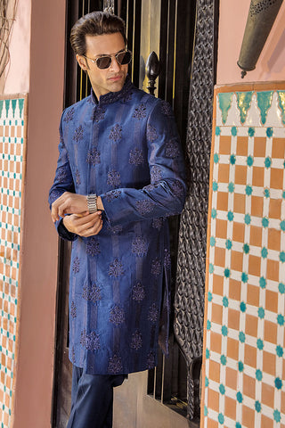 Sapphire Blue Zardozi Pure Silk Sherwani (2-Piece) - Image 5