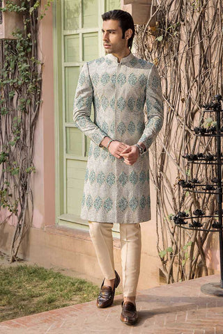 Aqua Embellished Pure Silk Achkan Sherwani (2-Piece) - Image 2