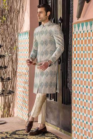 Aqua Embellished Pure Silk Achkan Sherwani (2-Piece) - Image 3