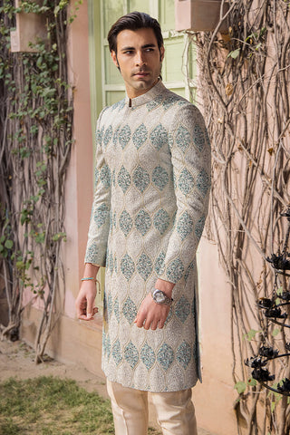Aqua Embellished Pure Silk Achkan Sherwani (2-Piece) - Image 4