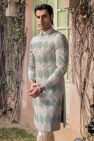 Aqua Embellished Pure Silk Achkan Sherwani (2-Piece) - Image 5