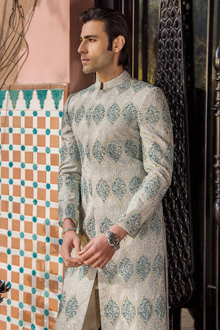 Aqua Embellished Pure Silk Achkan Sherwani (2-Piece) - Image 6