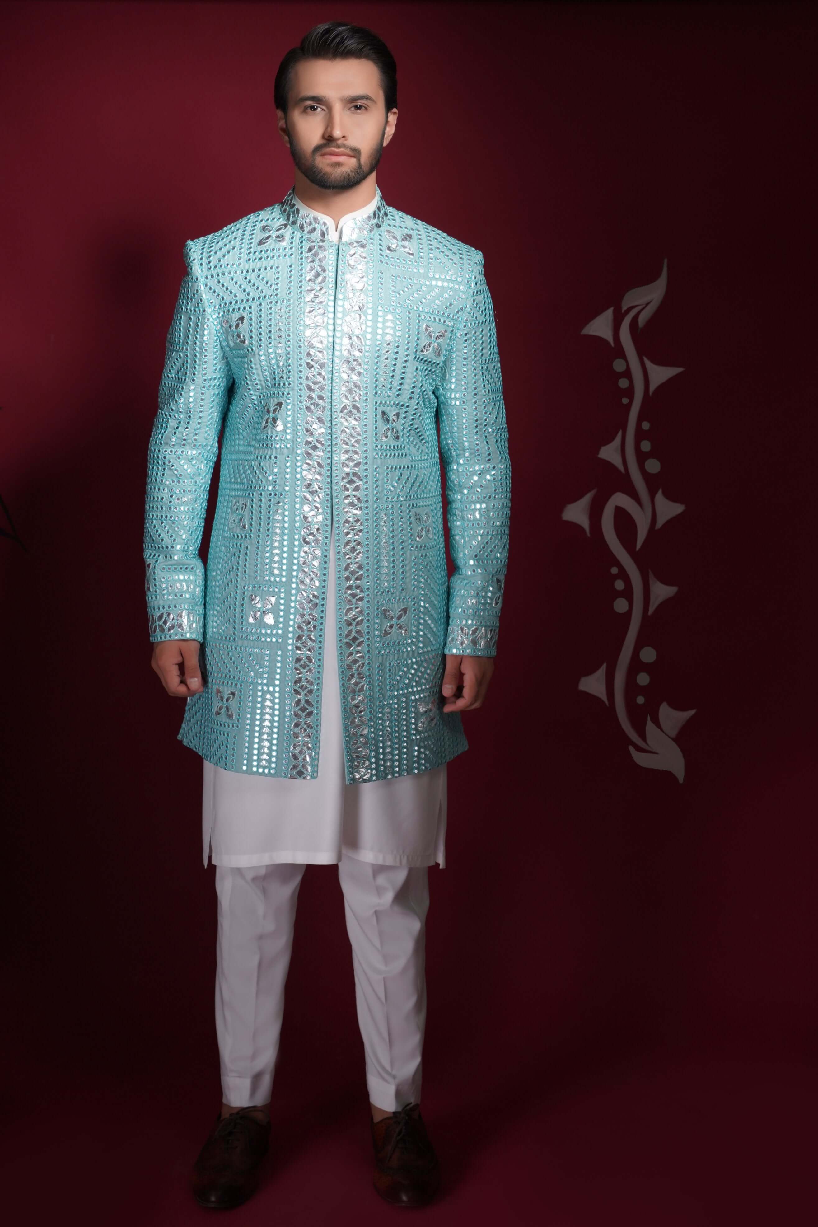 Powder Blue Embroidered Suiting Blend Short Sherwani (3-Piece) - Image 1