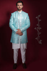 Powder Blue Embroidered Suiting Blend Short Sherwani (3-Piece) - Image 3