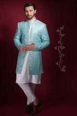 Powder Blue Embroidered Suiting Blend Short Sherwani (3-Piece) - Image 4