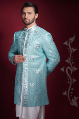 Powder Blue Embroidered Suiting Blend Short Sherwani (3-Piece) - Image 5
