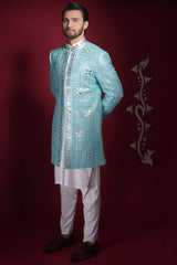 Powder Blue Embroidered Suiting Blend Short Sherwani (3-Piece) - Image 6