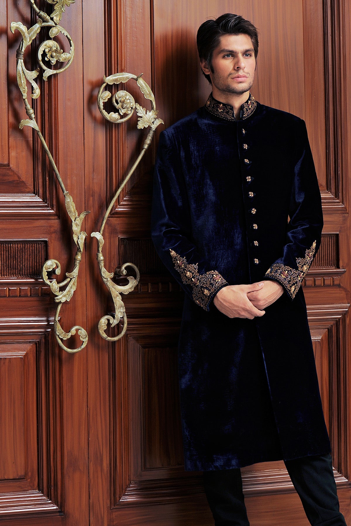 Midnight Blue Embroidered Velvet Achkan Sherwani (2-Piece) - Image 1