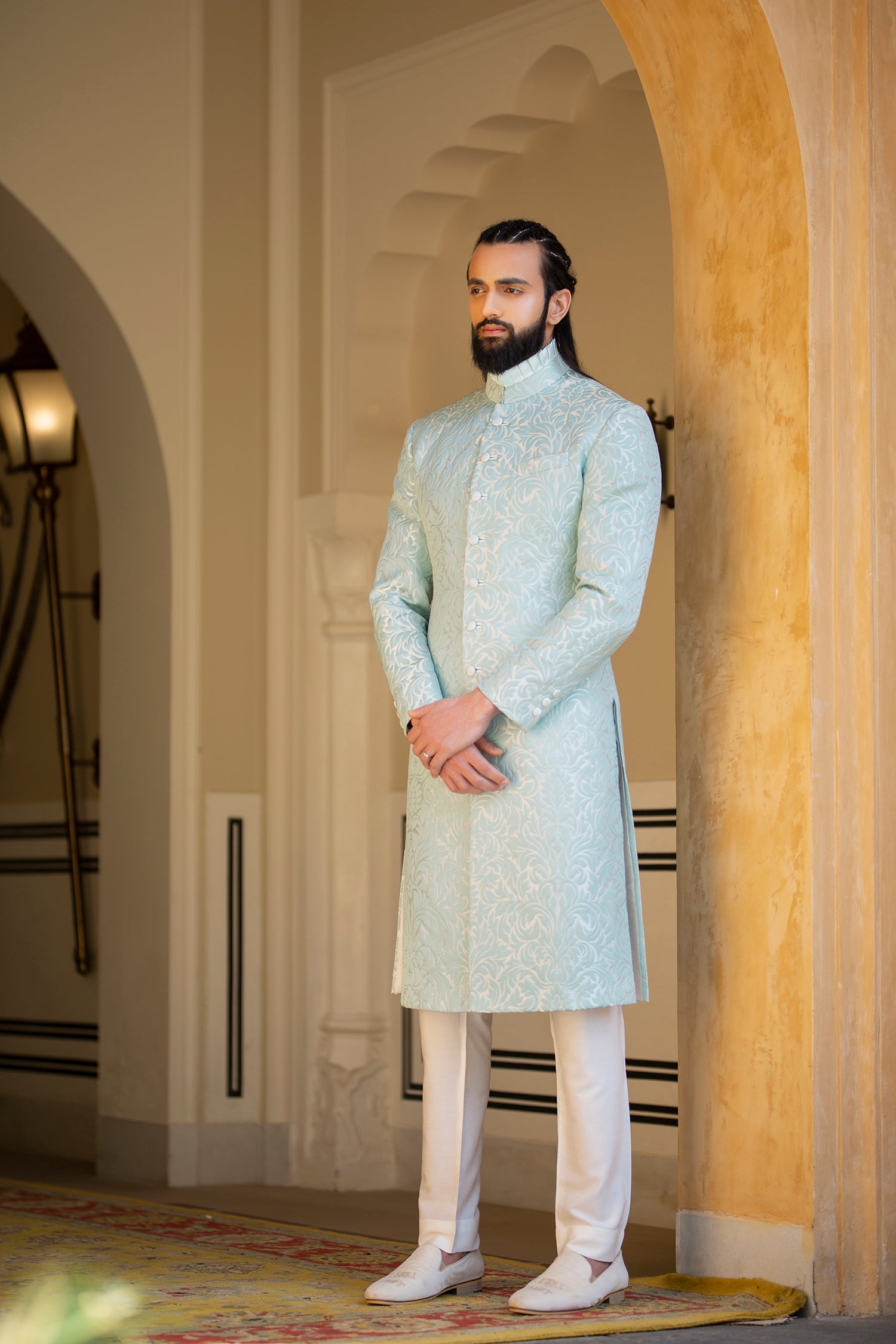 Aqua Embossed Jacquard Silk-Blend Achkan (2-Piece) - Image 1