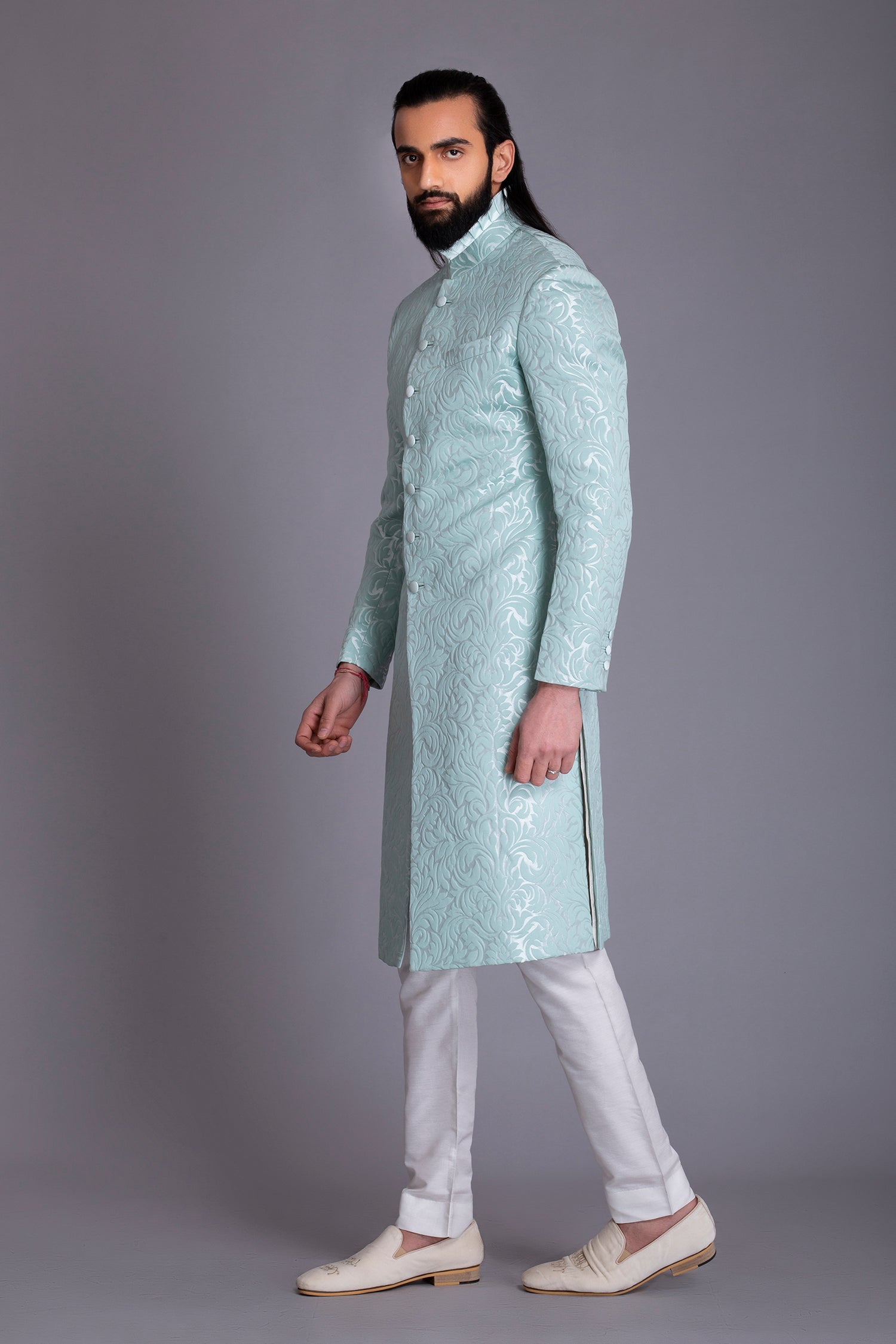 Aqua Embossed Jacquard Silk-Blend Achkan (2-Piece) - Image 2