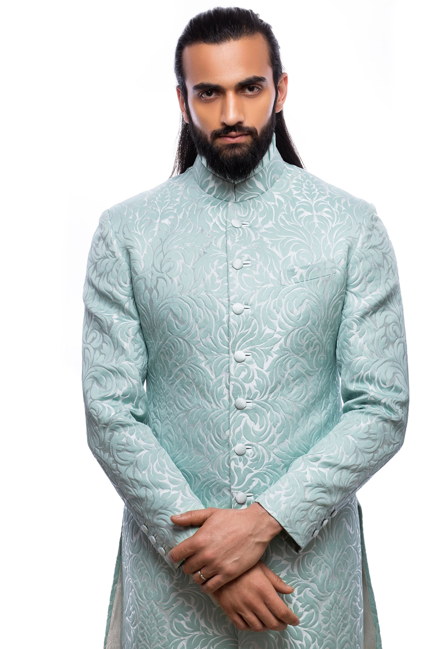 Aqua Embossed Jacquard Silk-Blend Achkan (2-Piece) - Image 3
