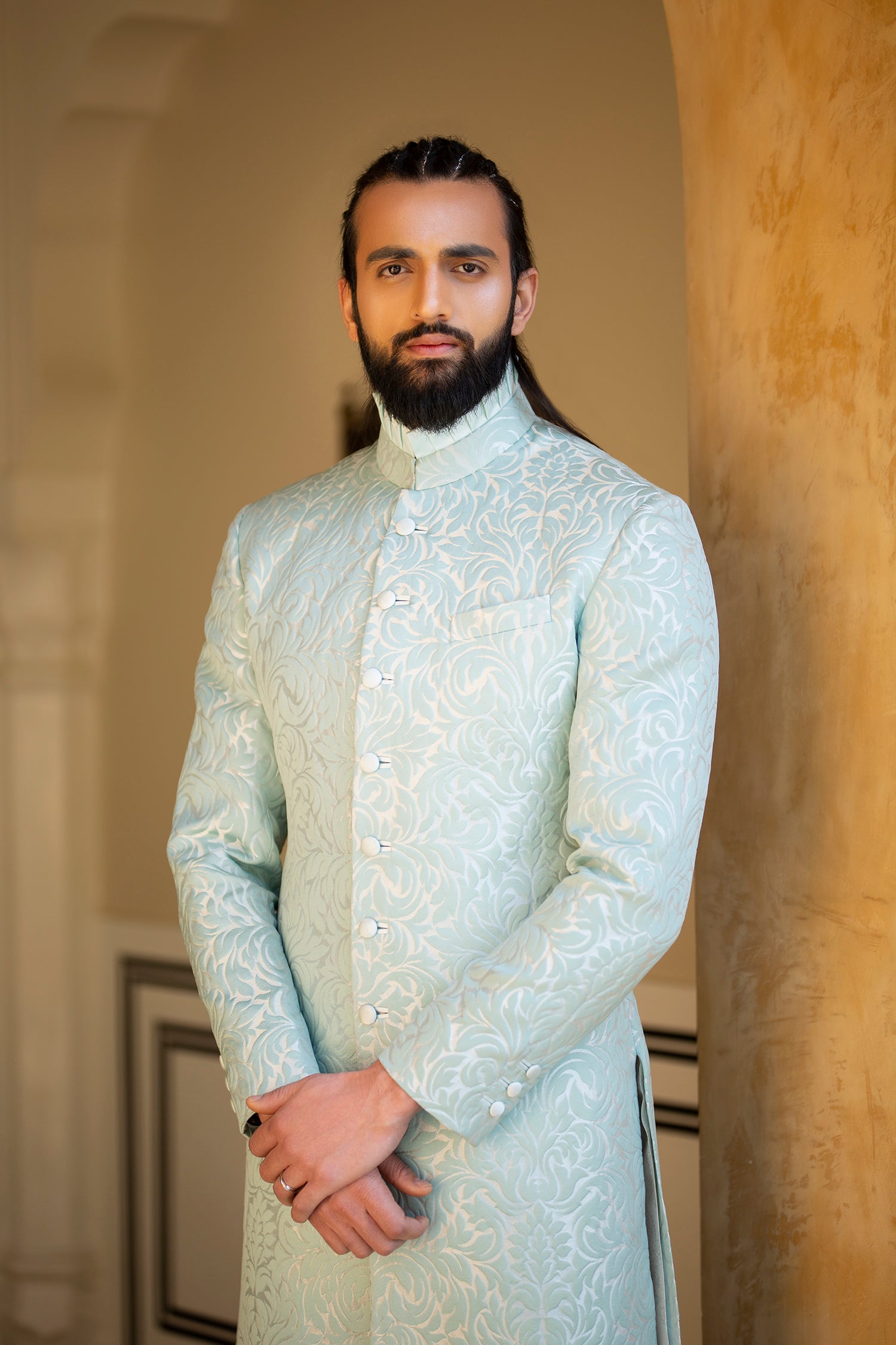 Aqua Embossed Jacquard Silk-Blend Achkan (2-Piece) - Image 4