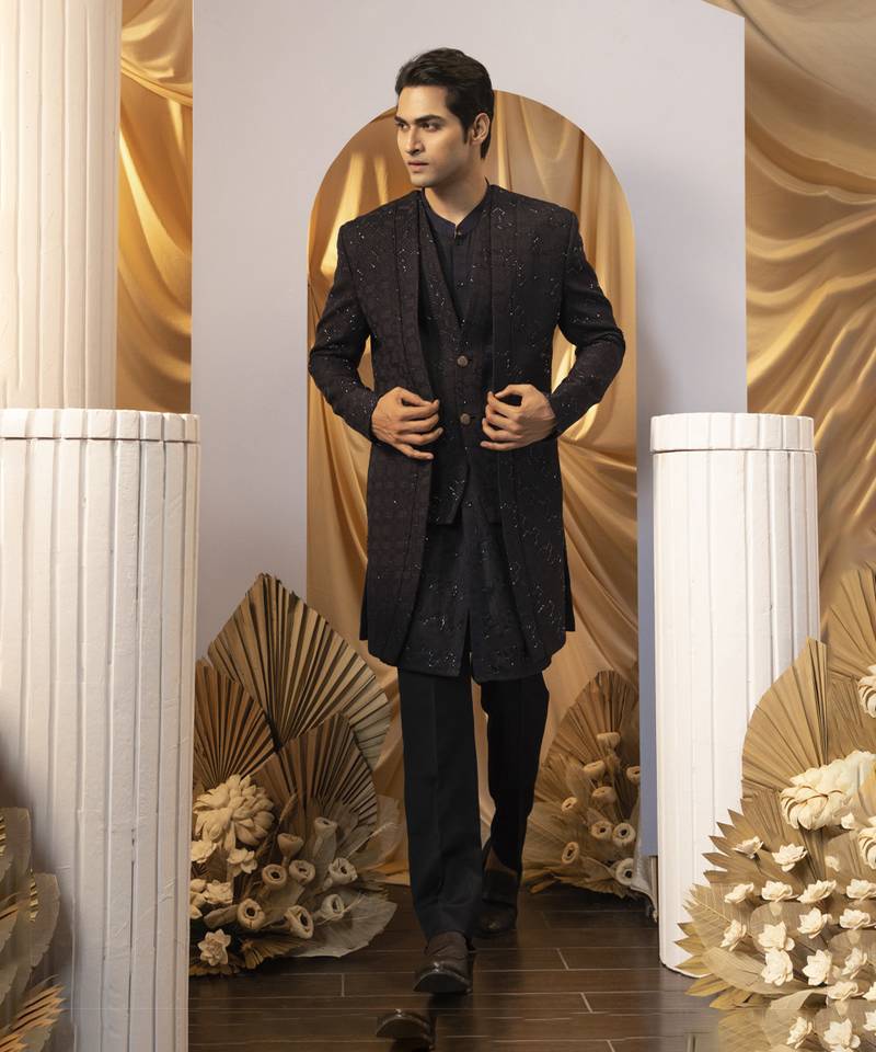 Deep Blue Embroidered Wool-Cotton Achkan (2-Piece) - Image 1