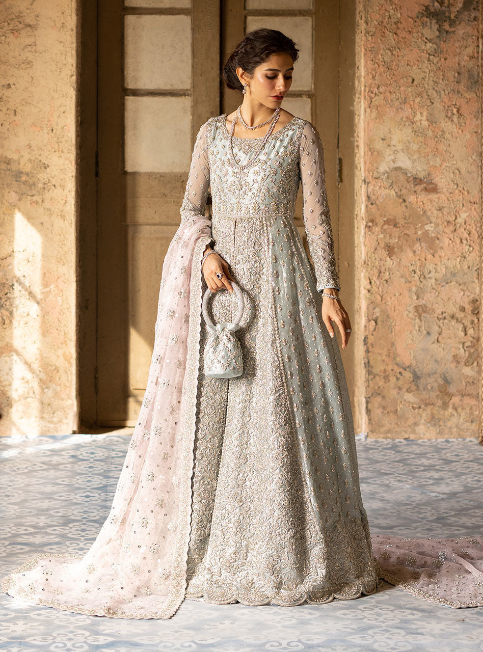 Pakistani Powder Blue Zardozi Brocade Anarkali Gown (2-Piece) - Image 1