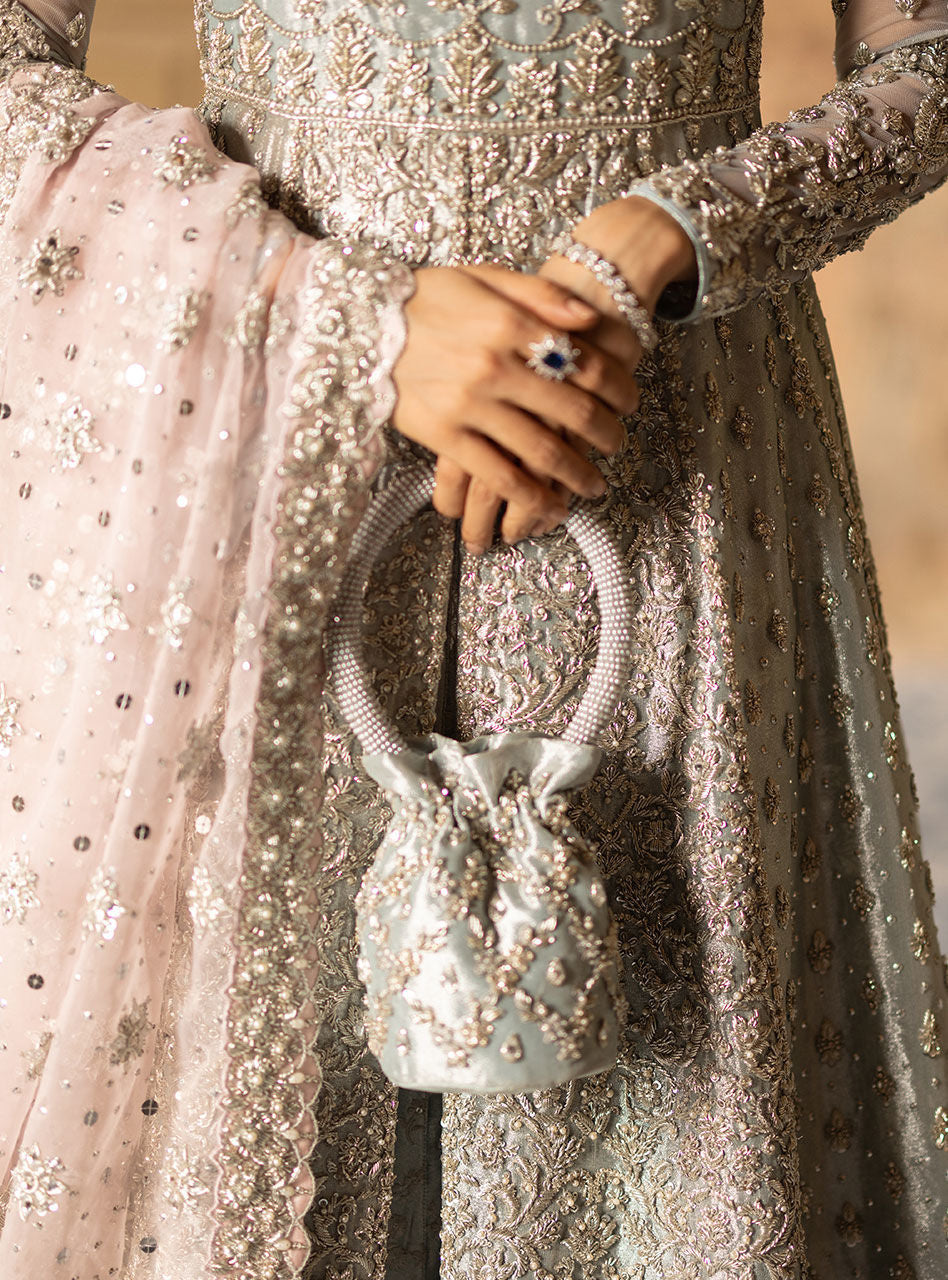 Pakistani Powder Blue Zardozi Brocade Anarkali Gown (2-Piece) - Image 4