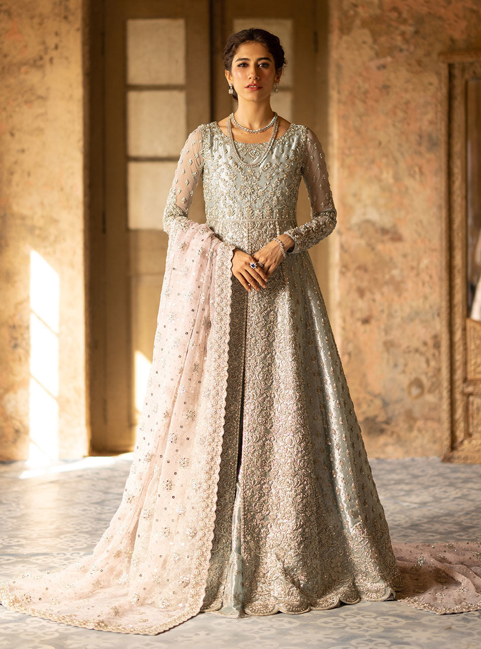 Pakistani Powder Blue Zardozi Brocade Anarkali Gown (2-Piece) - Image 5