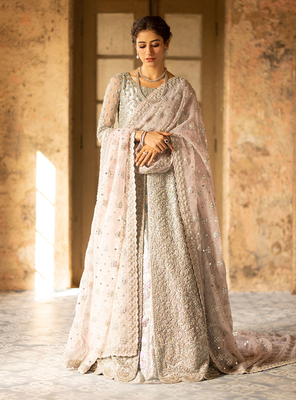 Pakistani Powder Blue Zardozi Brocade Anarkali Gown (2-Piece) - Image 6