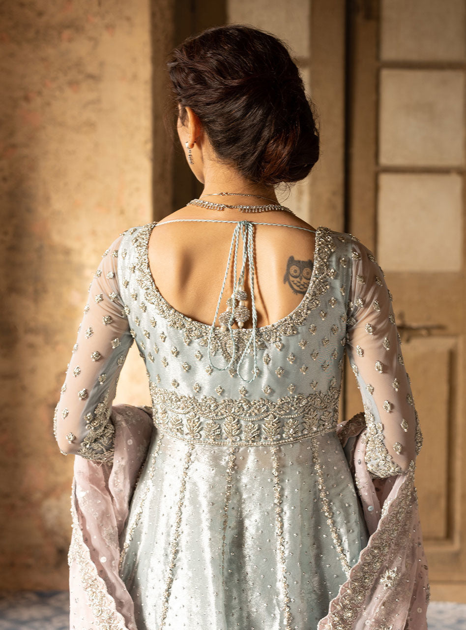 Pakistani Powder Blue Zardozi Brocade Anarkali Gown (2-Piece) - Image 8