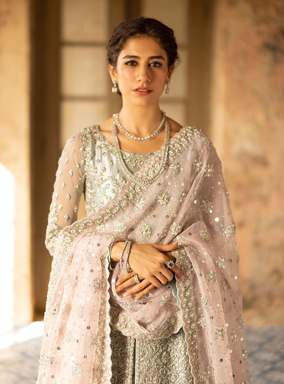 Powder Blue Zardozi Brocade Anarkali Gown (2-Piece) - Image 11