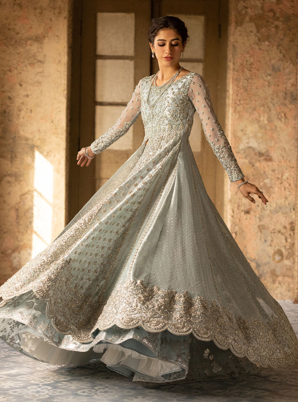 Powder Blue Zardozi Brocade Anarkali Gown (2-Piece) - Image 12
