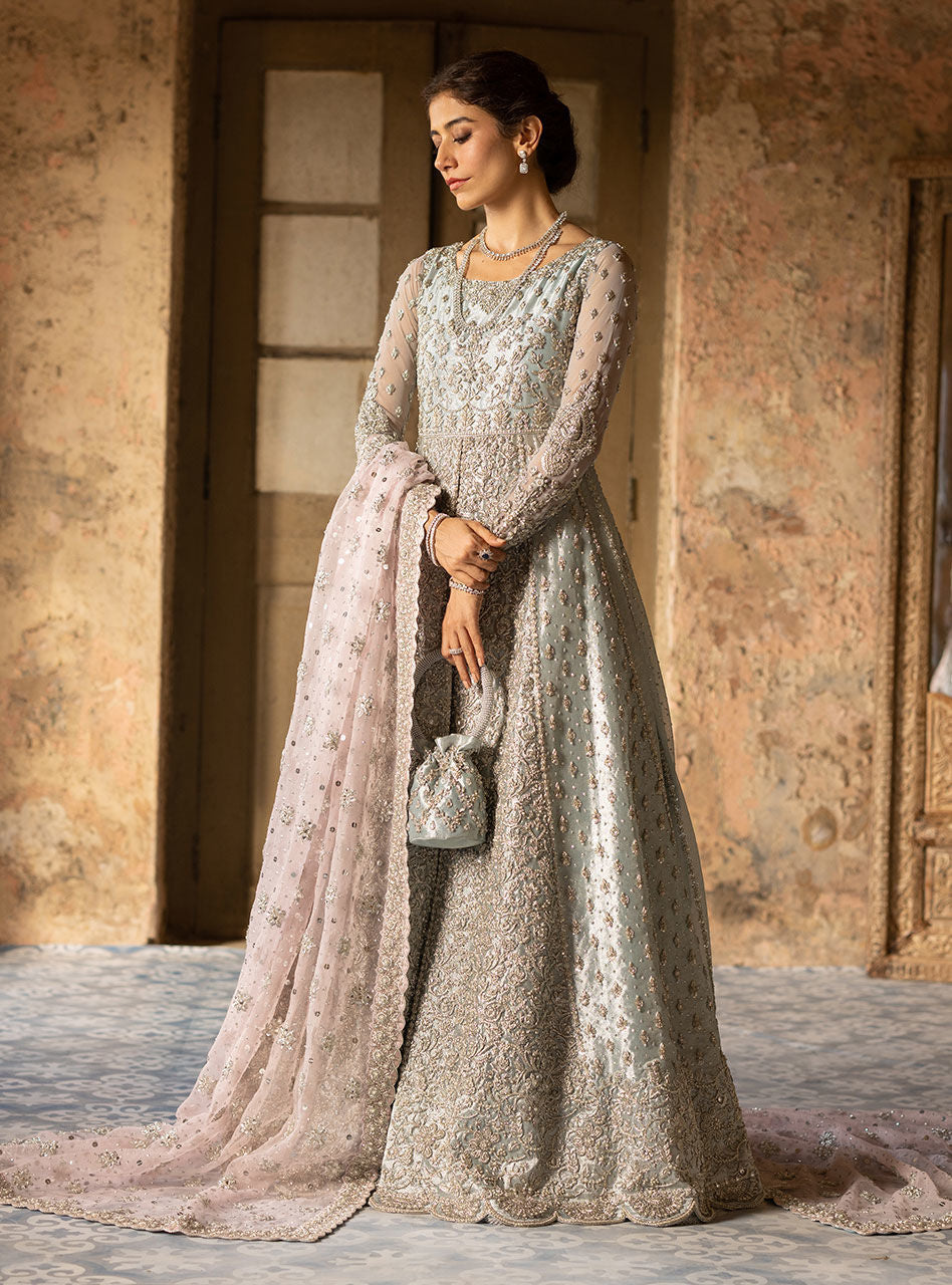 Powder Blue Zardozi Brocade Anarkali Gown (2-Piece) - Image 2