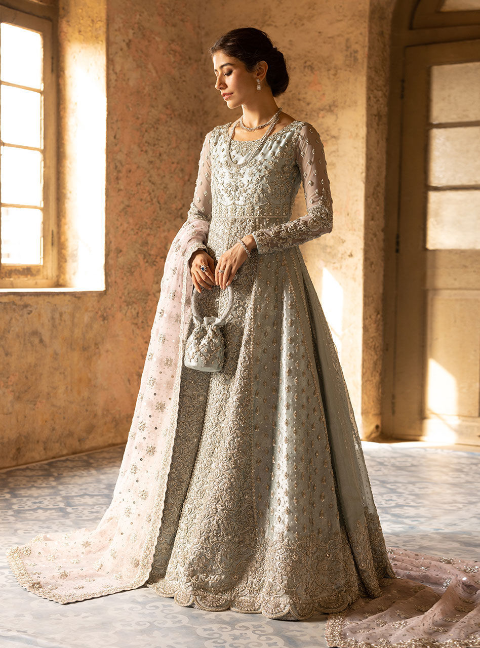 Powder Blue Zardozi Brocade Anarkali Gown (2-Piece) - Image 3