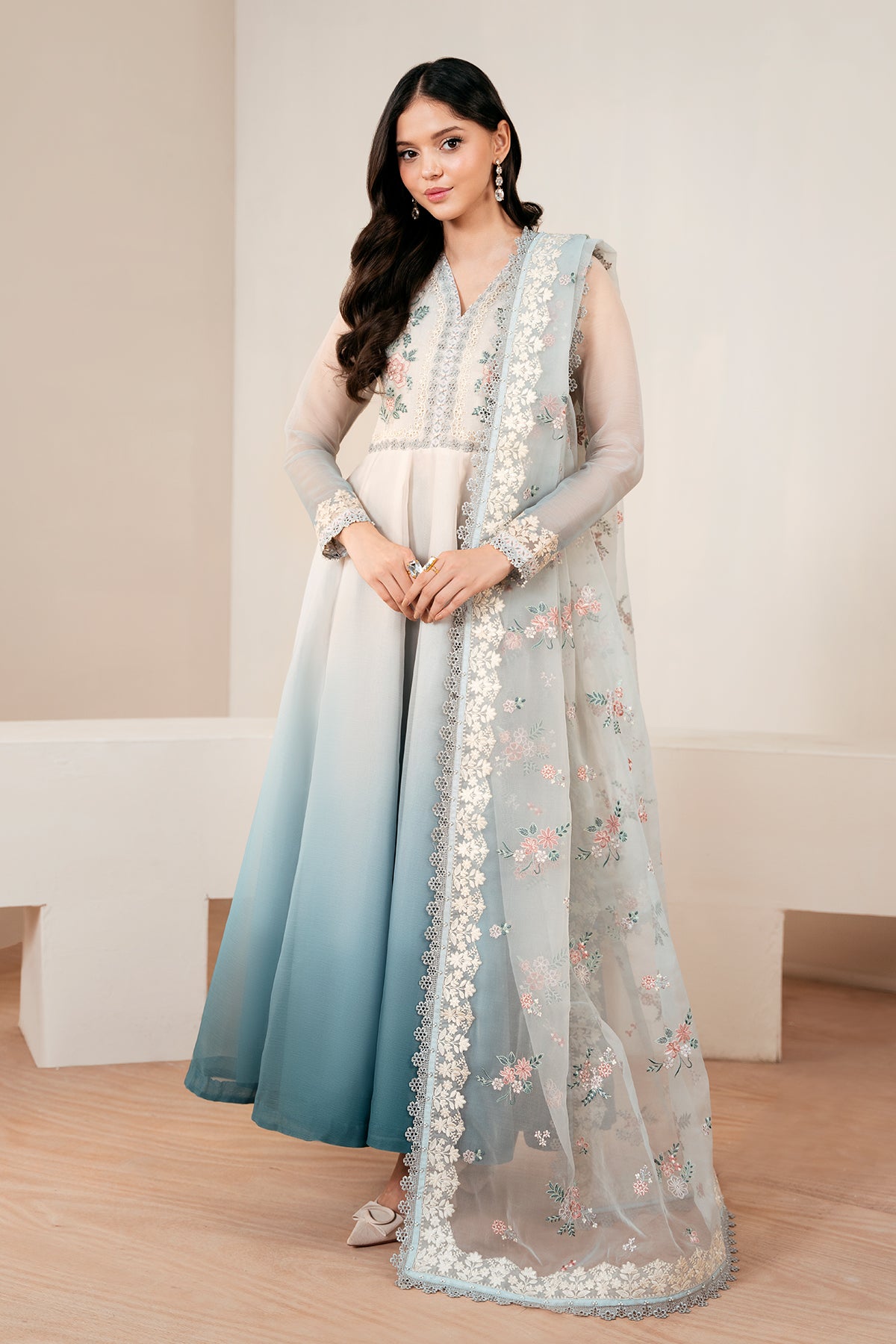 Pakistani Ombre Blue Embroidered Chiffon Anarkali Dress (3-Piece) - Image 1