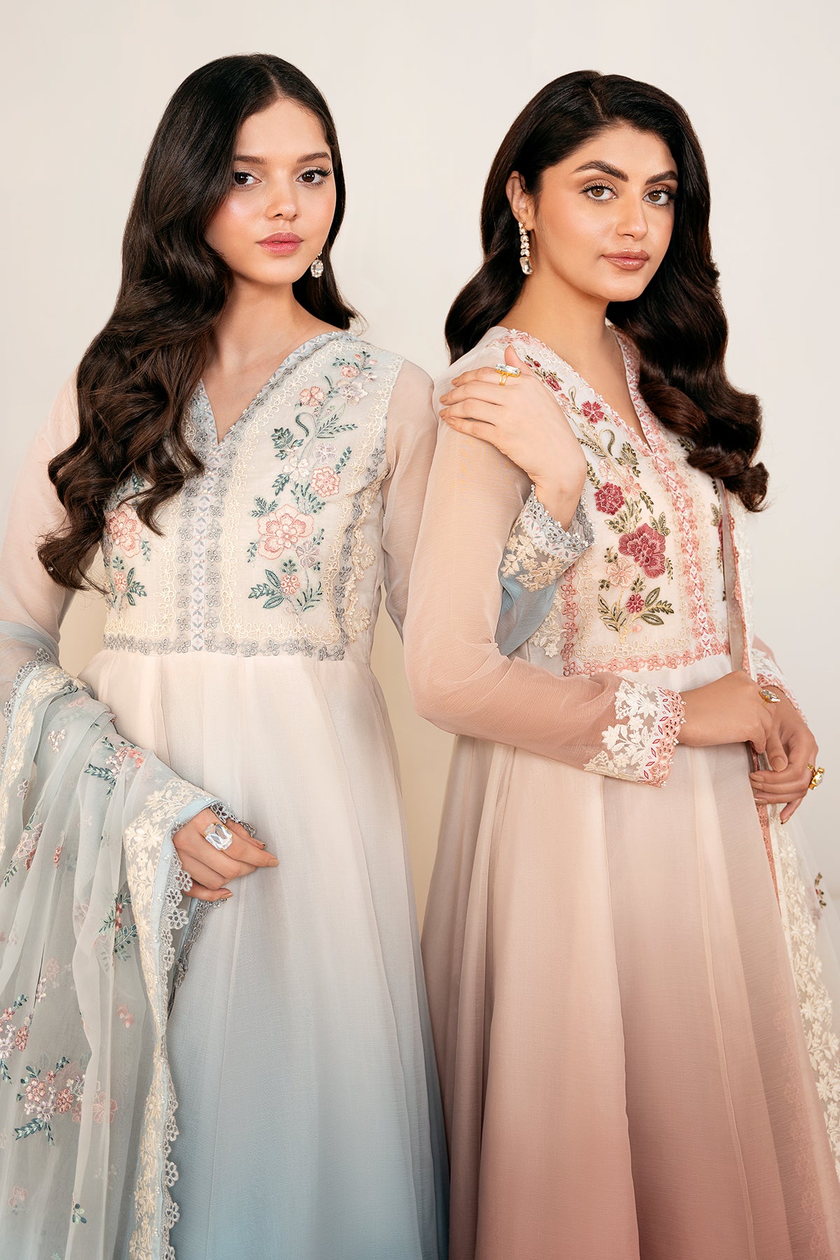 Pakistani Ombre Blue Embroidered Chiffon Anarkali Dress (3-Piece) - Image 10