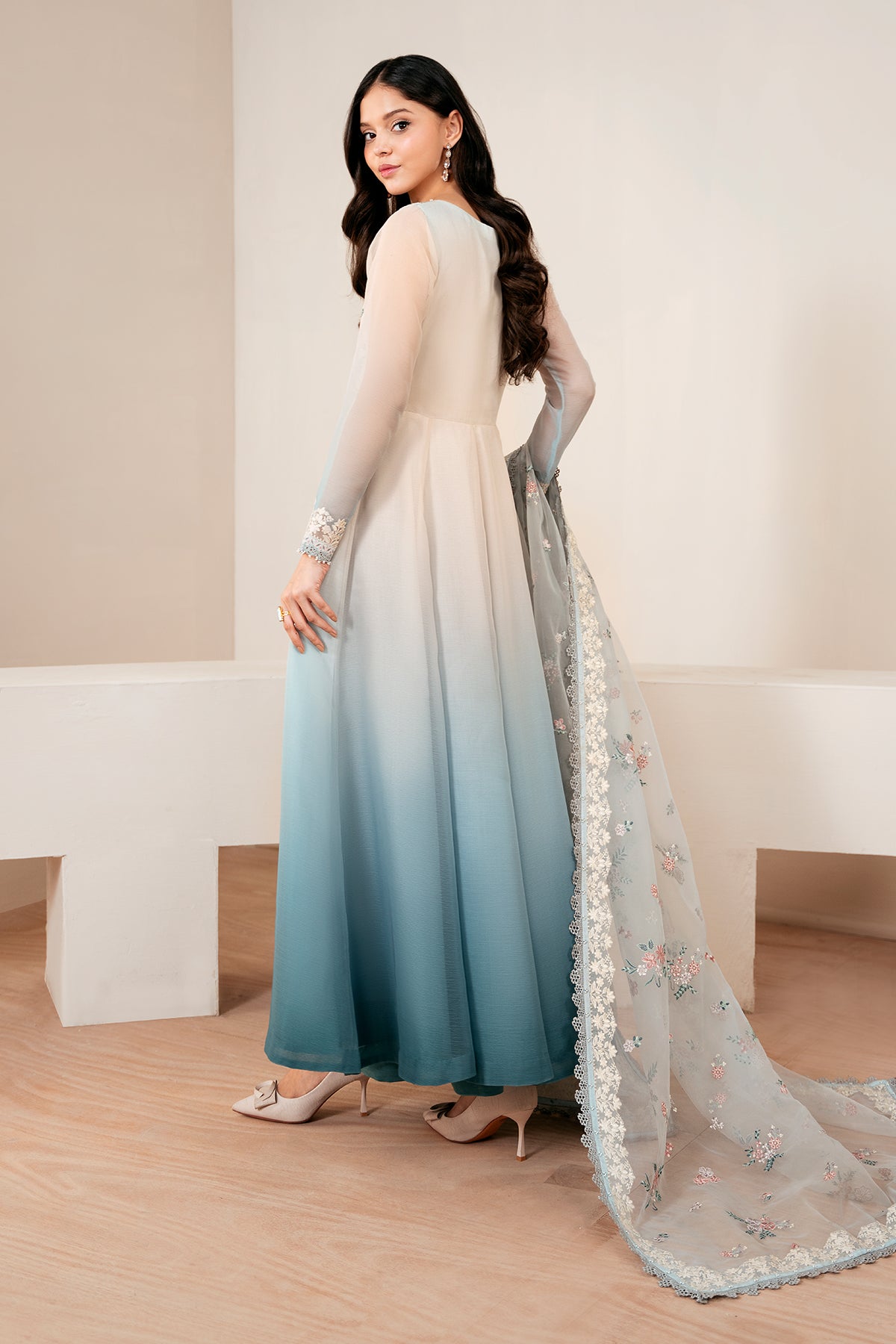 Pakistani Ombre Blue Embroidered Chiffon Anarkali Dress (3-Piece) - Image 2