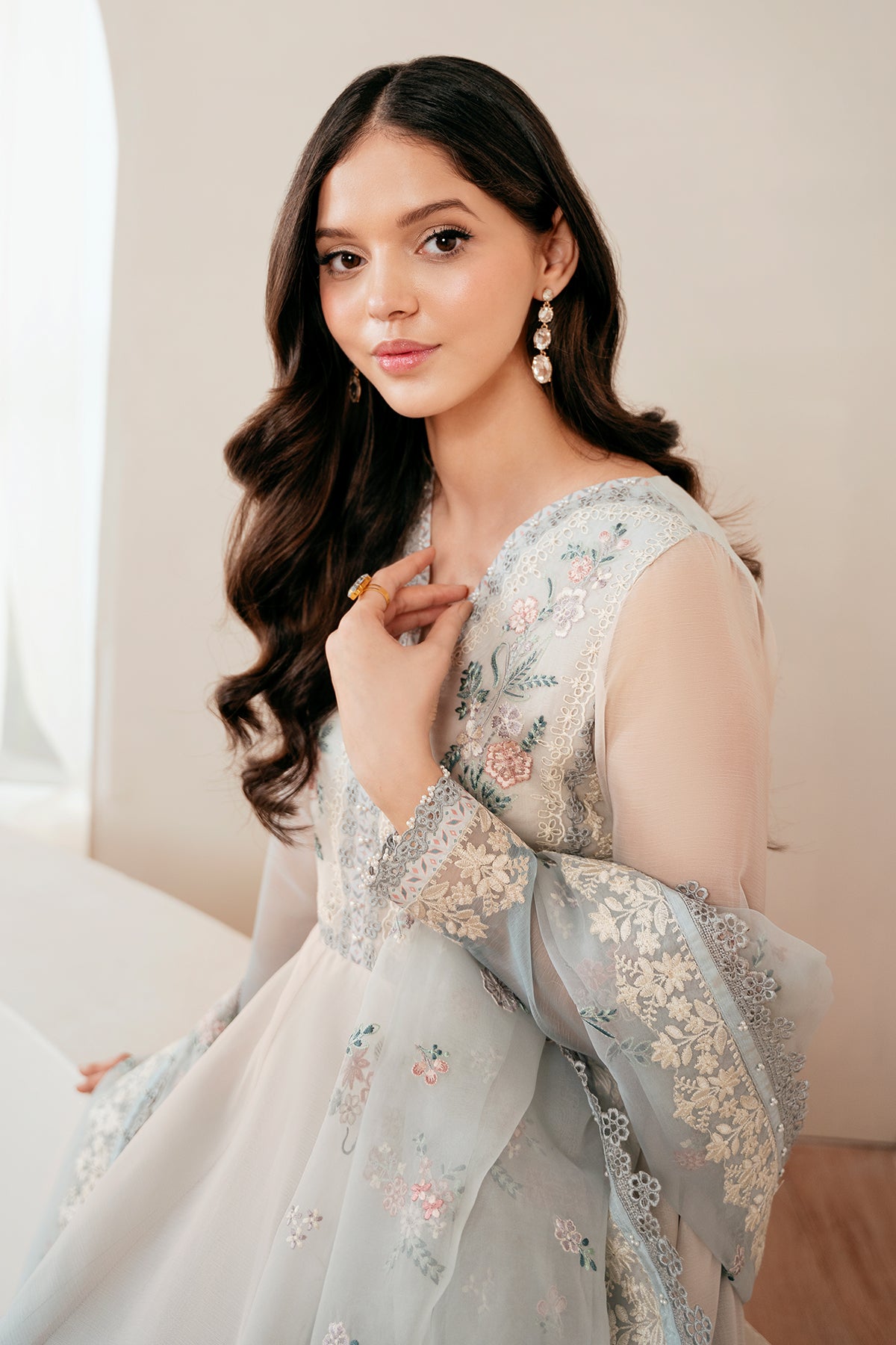 Pakistani Ombre Blue Embroidered Chiffon Anarkali Dress (3-Piece) - Image 5