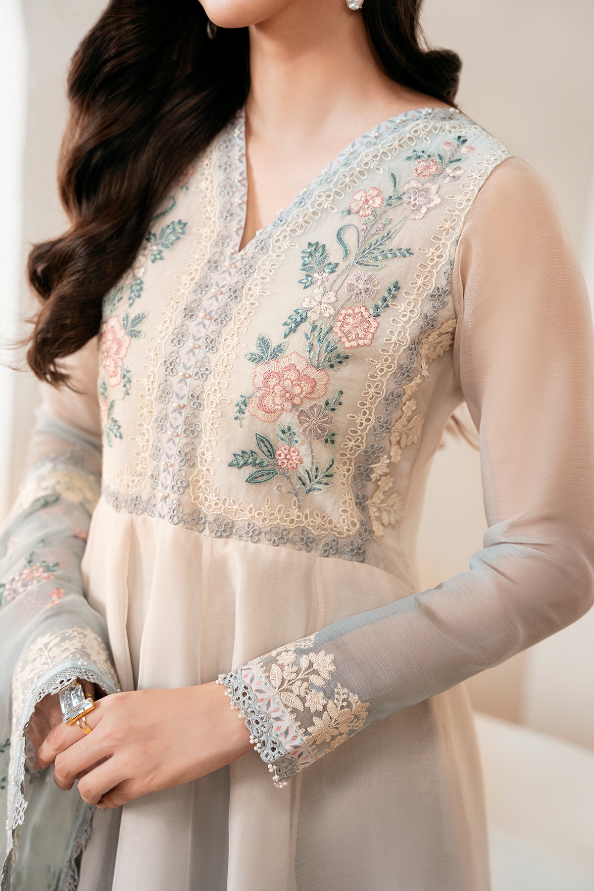 Pakistani Ombre Blue Embroidered Chiffon Anarkali Dress (3-Piece) - Image 6