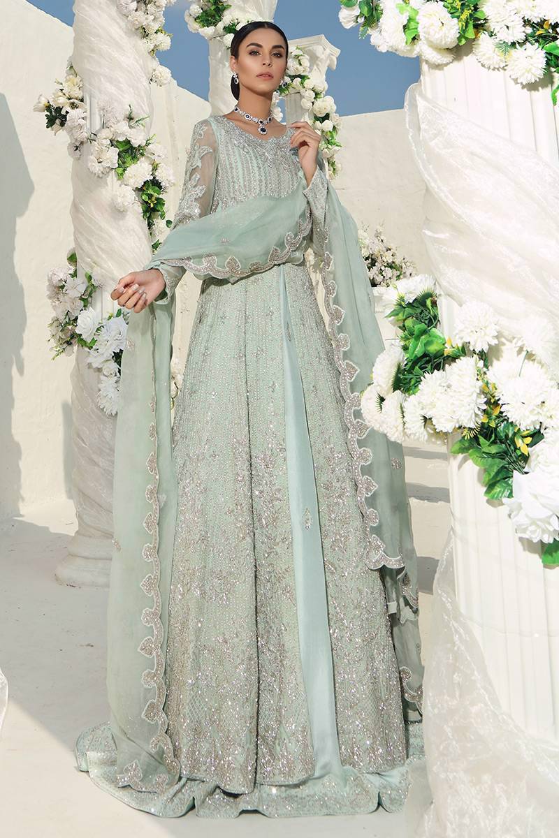 Pakistani Pale Blue Chandi Tilla Cotton Net Anarkali (2-Piece) - Image 1