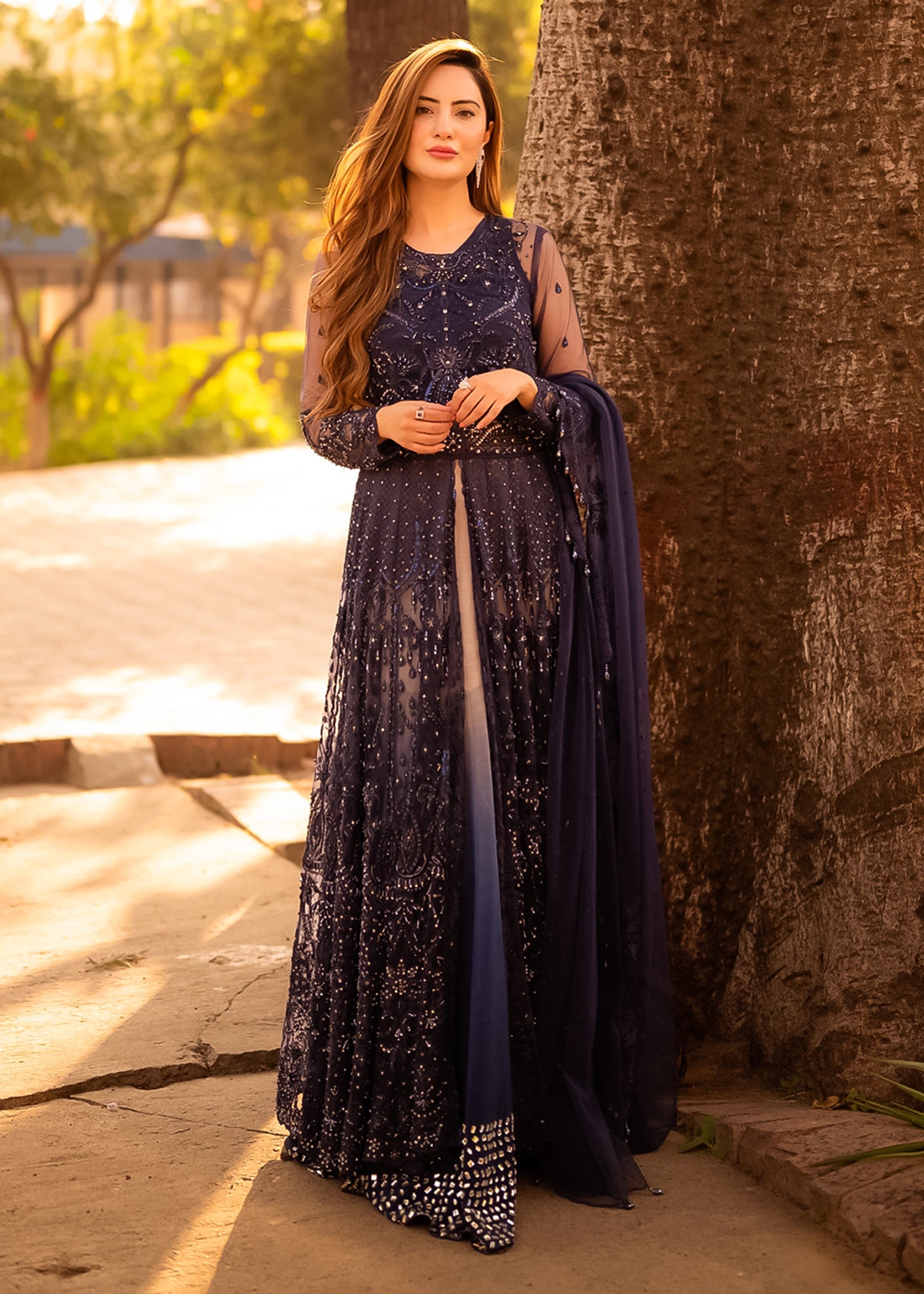 Midnight Blue Embroidered Net Anarkali Dress (2-Piece) - Image 1