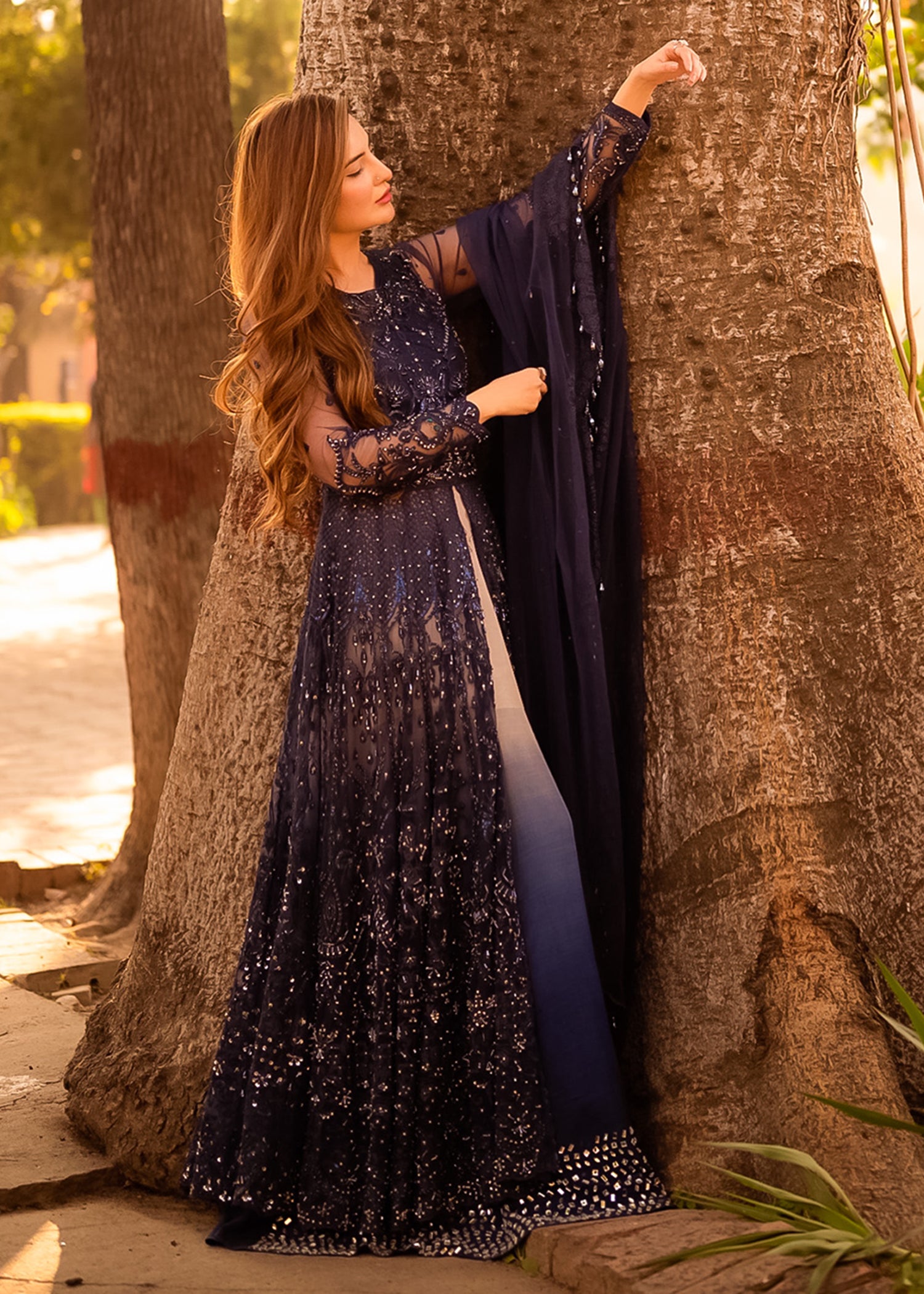 Midnight Blue Embroidered Net Anarkali Dress (2-Piece) - Image 10