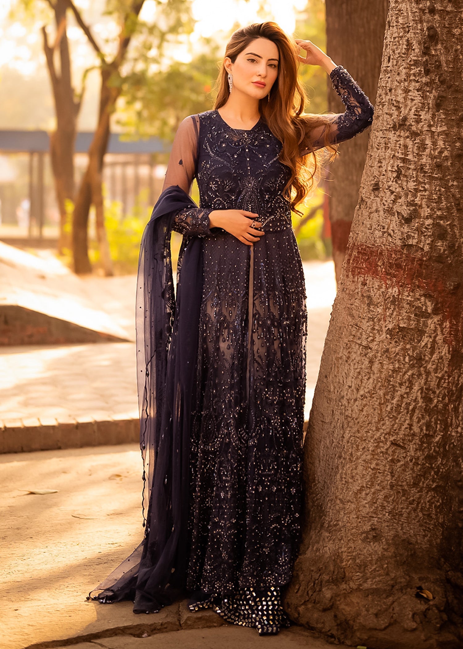 Midnight Blue Embroidered Net Anarkali Dress (2-Piece) - Image 2
