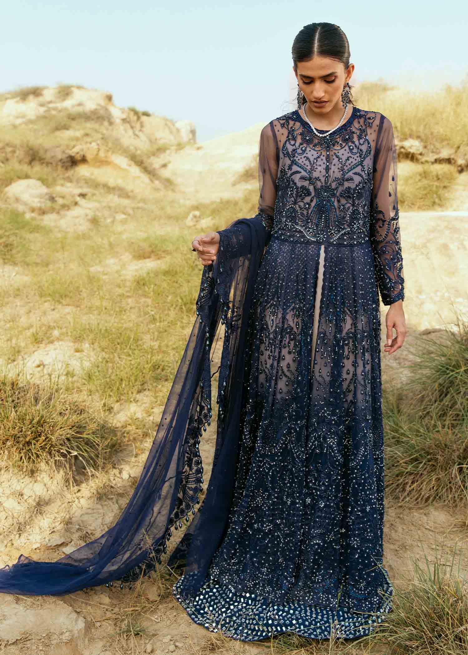 Midnight Blue Embroidered Net Anarkali Dress (2-Piece) - Image 4